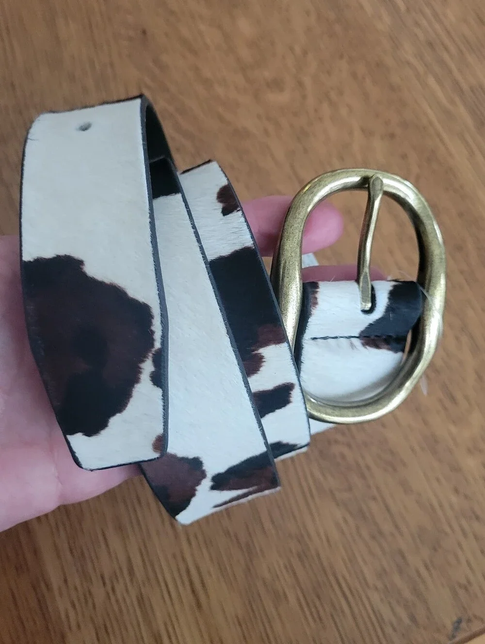 Madewell Oval Buckle Belt - Calfhair Cow Print - white, black, brown